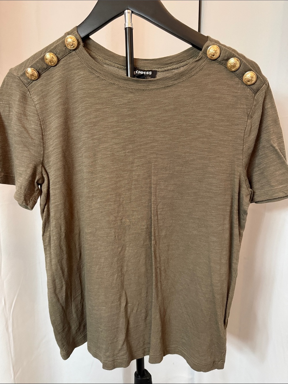 Express Olive Brown Short Sleeve Tee with Gold Shoulder Buttons